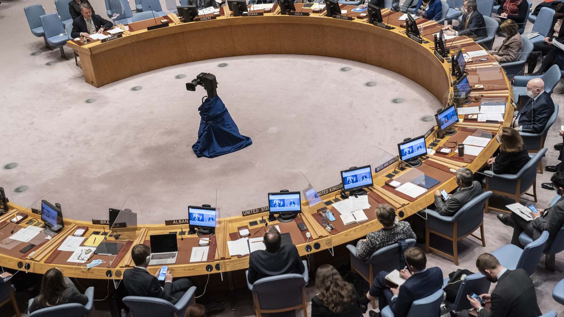 Une réunion du Conseil de sécurité, le lundi 28 février 2022, au siège des Nations Unies.