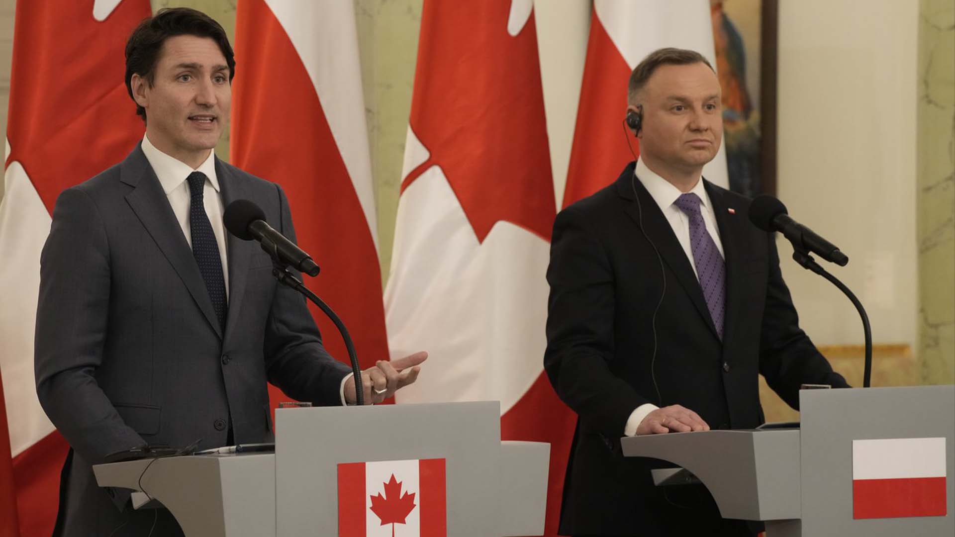 Le premier ministre du Canada, Justin Trudeau, photographié jeudi lors d'une conférence de presse conjointe avec le président de la Pologne, Andrzej Duda.