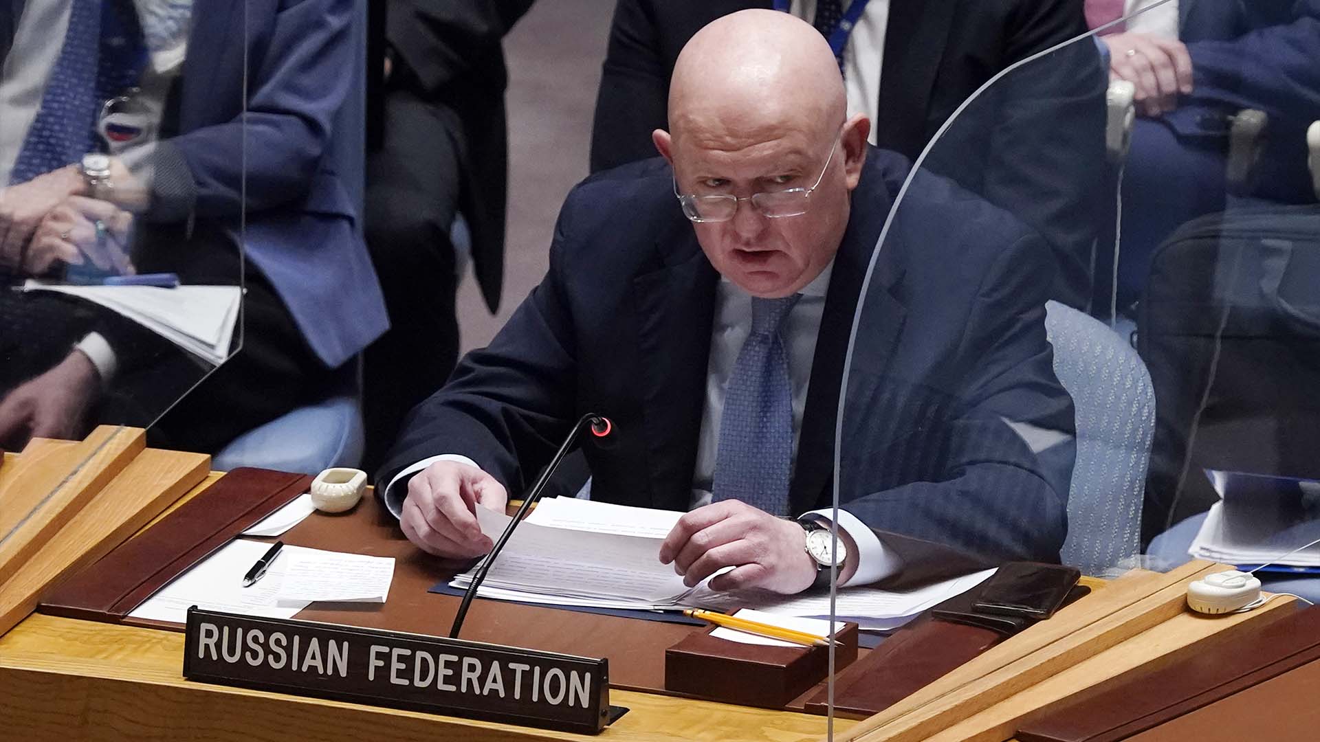 L'ambassadeur russe à l'ONU, Vasily Nebenzya, s'adresse au Conseil de sécurité de l'ONU, le lundi 14 mars 2022.