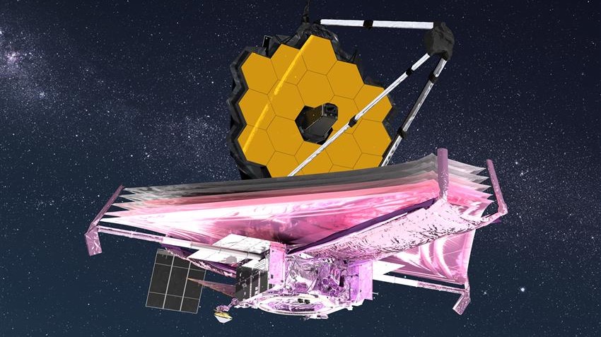 Une interprétation artistique du télescope spatial James Webb complétement déployé.