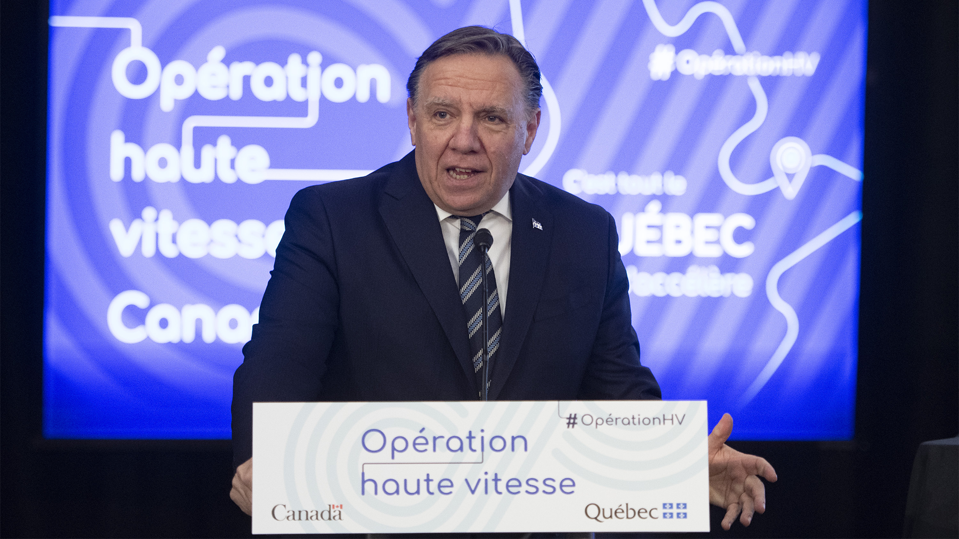 Le premier ministre du Québec, François Legault, lors du lancement de l'Opération haute vitesse en mars 2021.