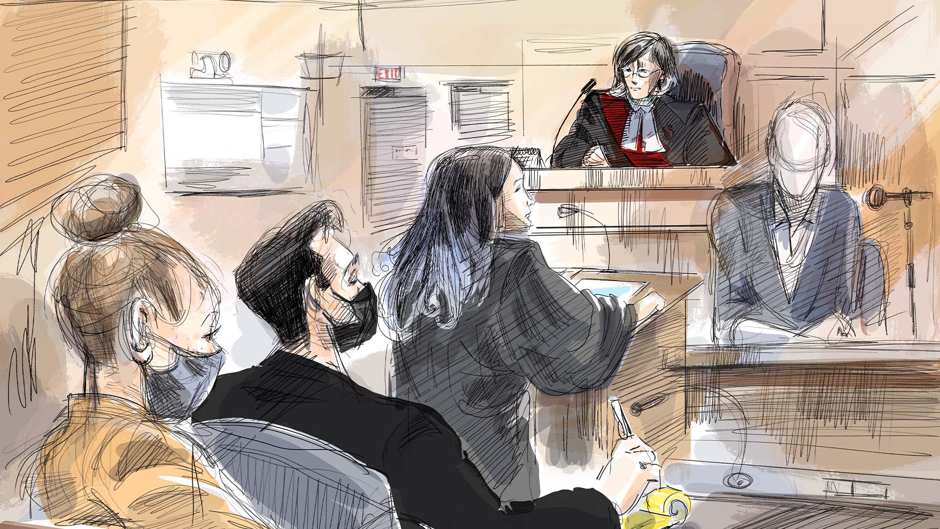 Rebekah Asselstine (de gauche à droite), l'épouse de Jacob Hoggard, Hoggard, l'avocat de la défense Kally Ho, la juge Gillian Roberts et la colocataire de la deuxième plaignante assistent au procès pour agression sexuelle de Hoggard à Toronto, le 13 mai dernier.