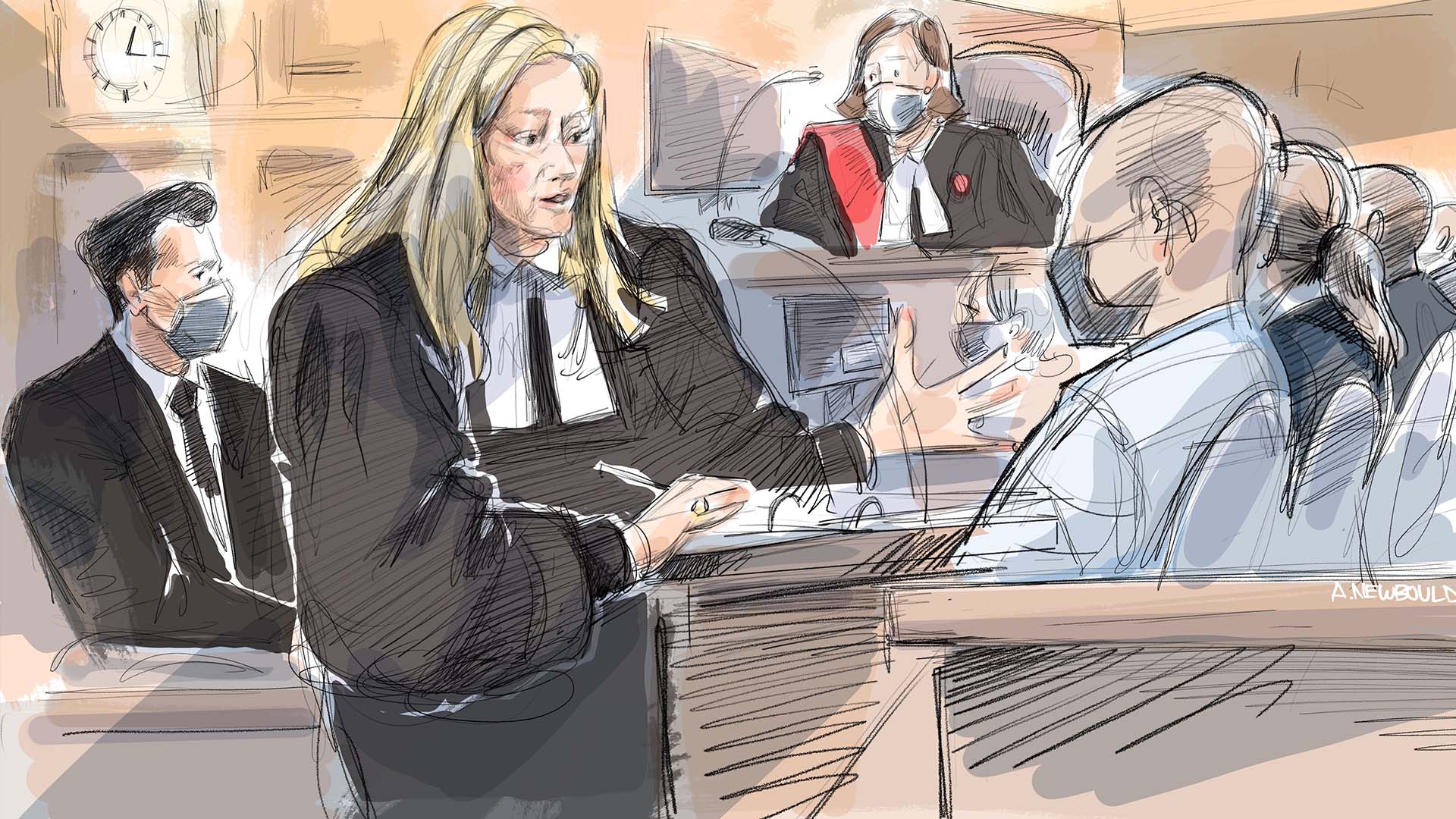 Jacob Hoggard, de gauche à droite, la procureure de la Couronne Jill Witkin, la juge Gillian Roberts et les membres du jury pendant la déclaration finale de Witkin dans le procès pour agression sexuelle de Hoggard à Toronto, le 27 mai.