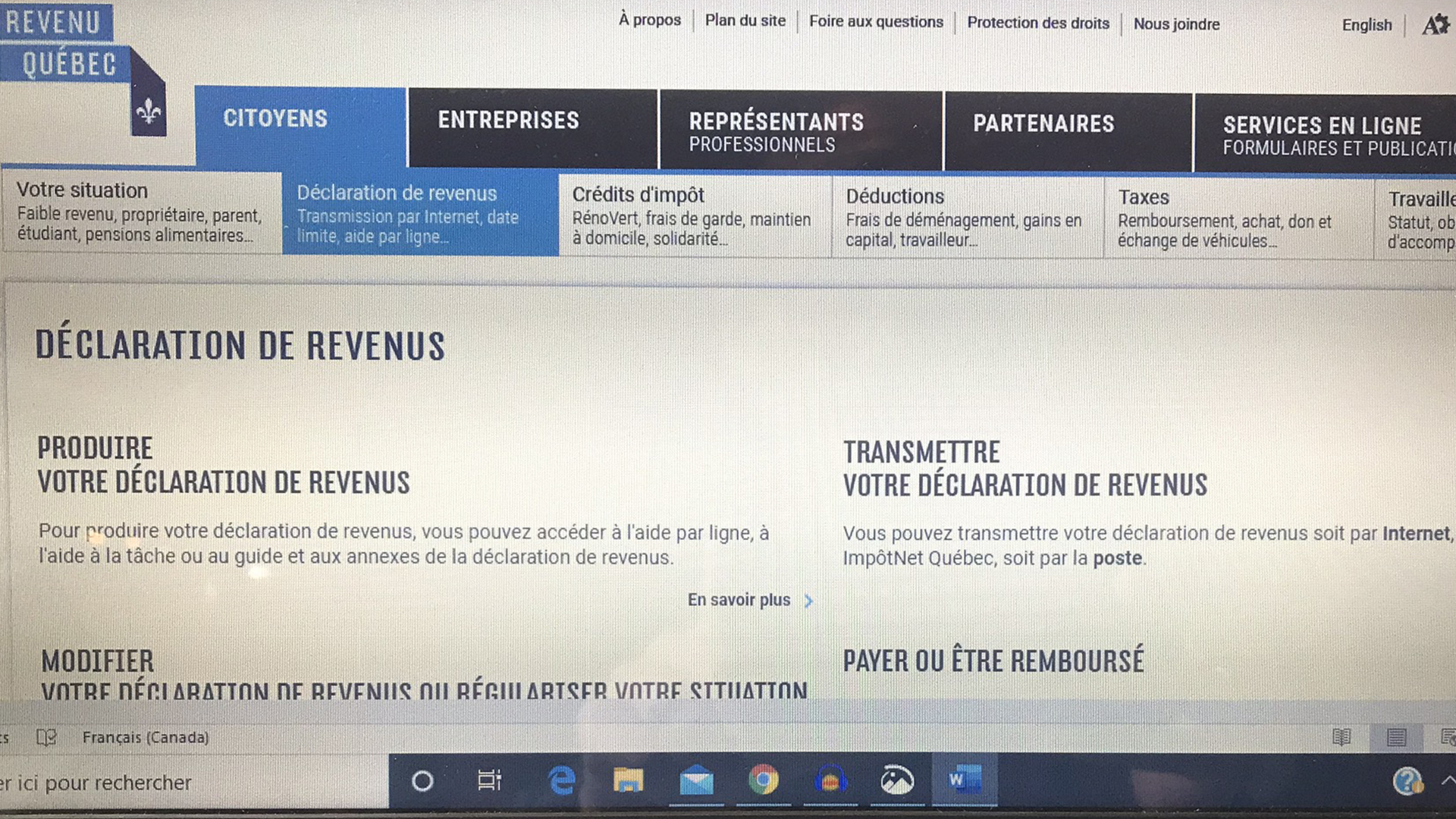 Le site de Revenu Québec est aperçu sur l’écran d’un ordinateur à Montréal le samedi 9 mai 2020. 