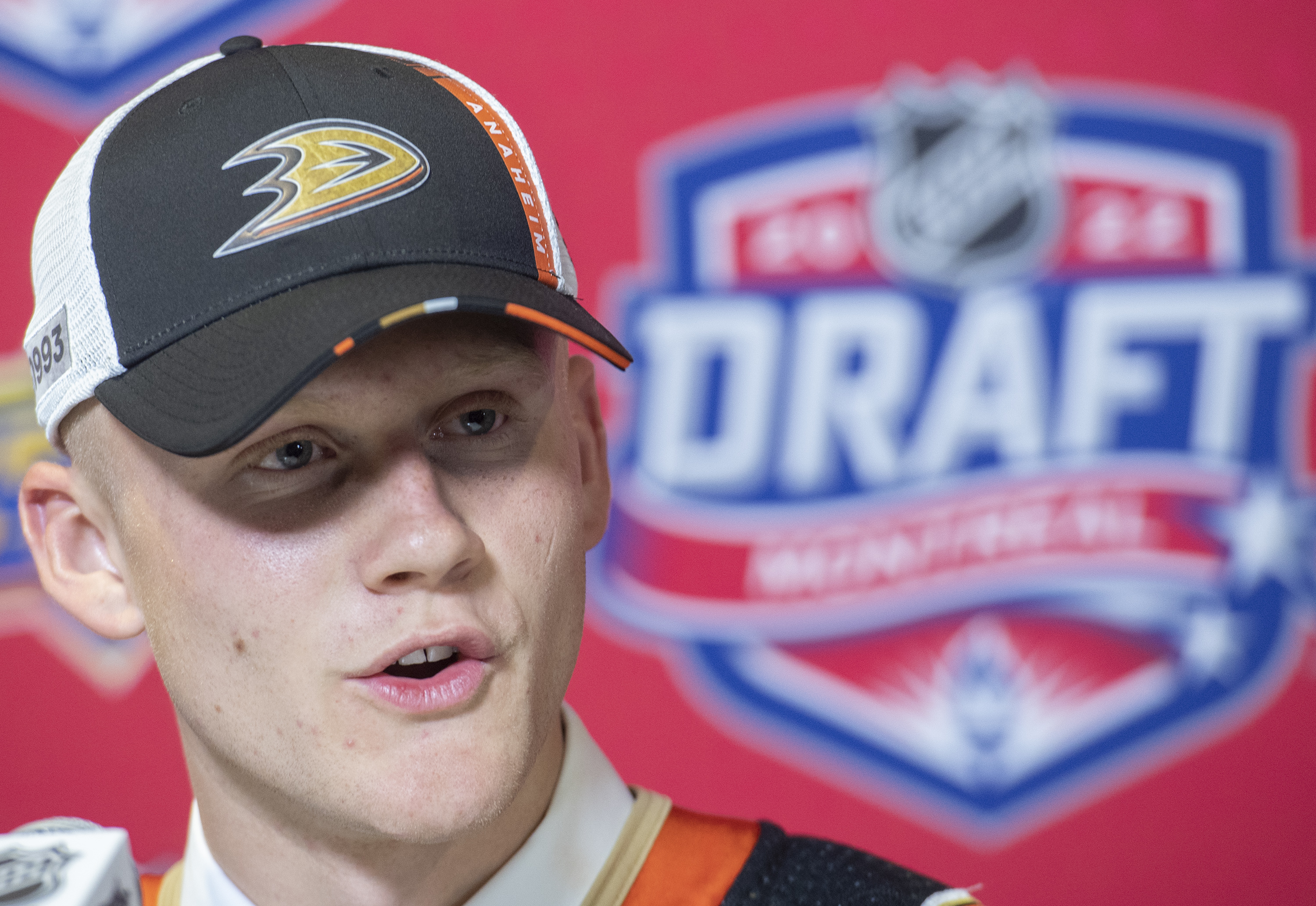 Nathan Gaucher of Canada speaks during a news conference after being selected by the Anaheim Ducks as the 22nd overall pick during the first round of the 2022 NHL draft in Montreal, Thursday, July 7, 2022. THE CANADIAN PRESS/Graham Hughes