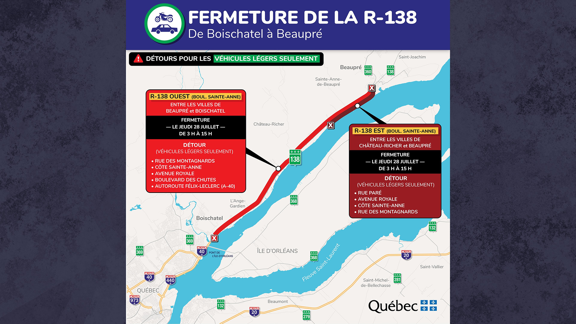 Fermeture de la R-138 de Boischatel à Beaupré le 28 juillet.