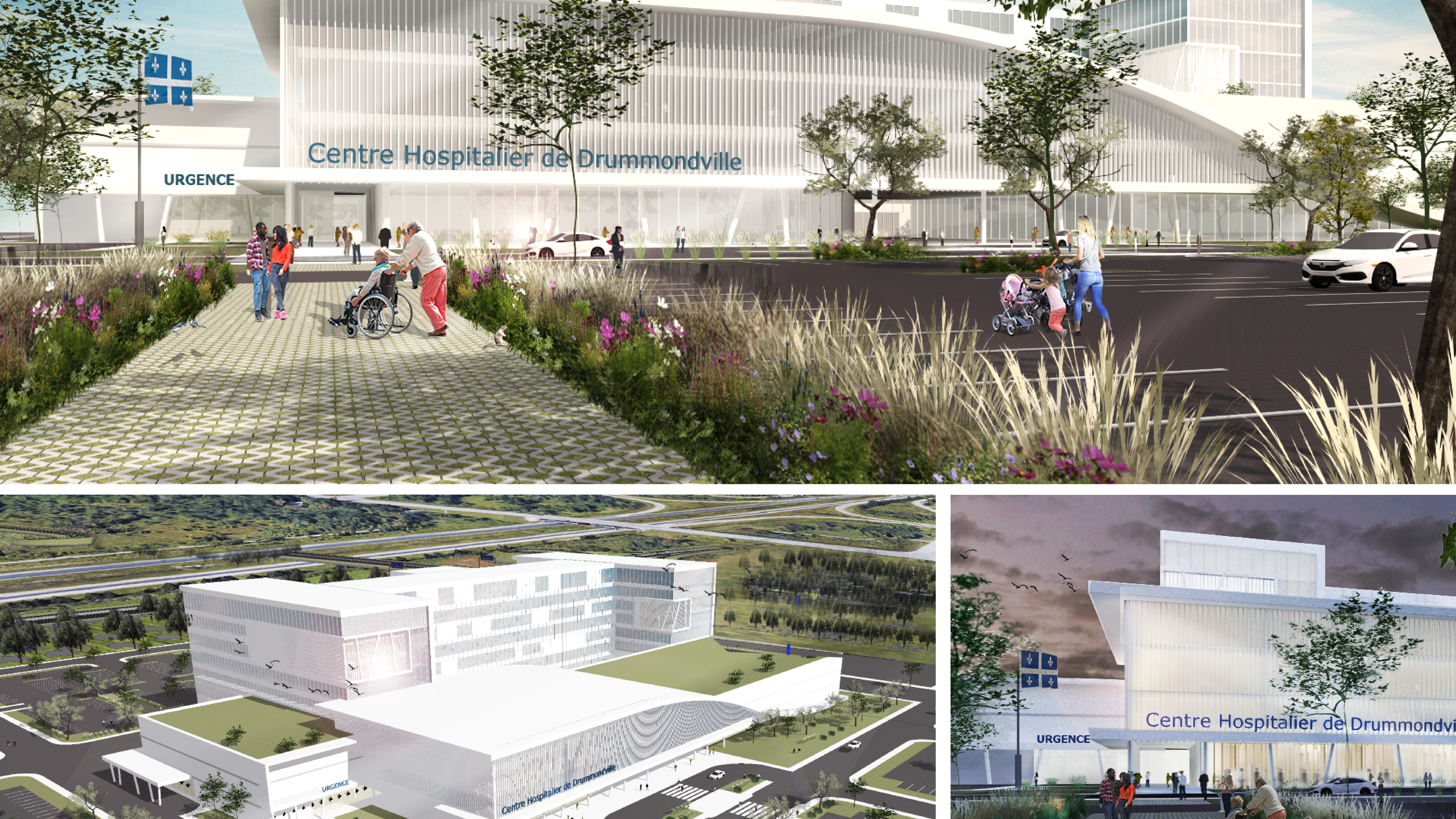 On remarque que le futur centre hospitalier régional à Drummondville pourrait être situé en bordure d'autoroute. Il ne s'agit cependant pas des plans officiels des architectes et le choix du site n'a pas encore été défini comme nous l'a indiqué Guillaume Cliche, agent d'informations au CIUSSS Mauricie/Centre-du-Québec.
