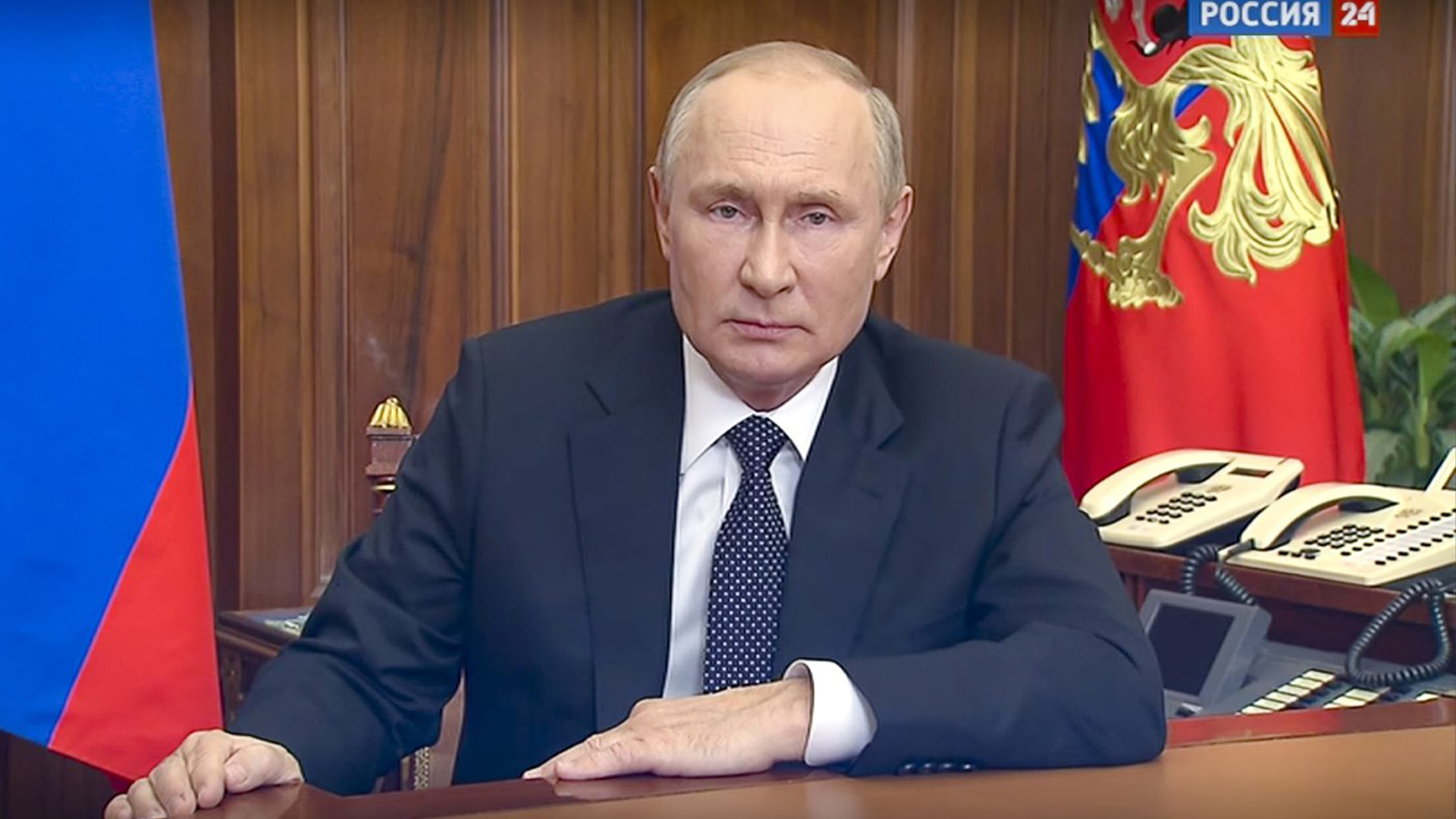 Dans cette image réalisée à partir d'une vidéo publiée par le service de presse présidentiel russe, le président russe Vladimir Poutine s'adresse à la nation à Moscou, en Russie, le mercredi 21 septembre 2022.