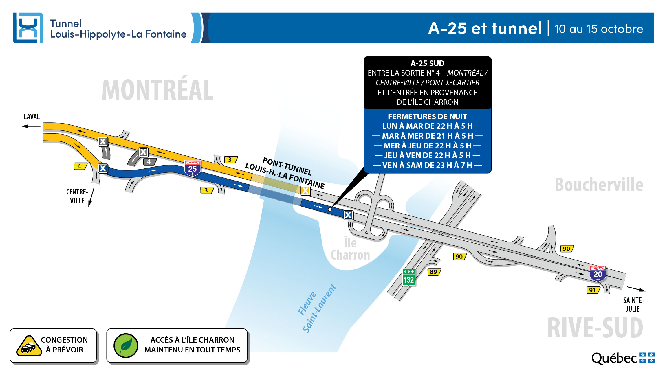 Carte de la fermeture du pont-tunnel Louis-H.-La Fontaine