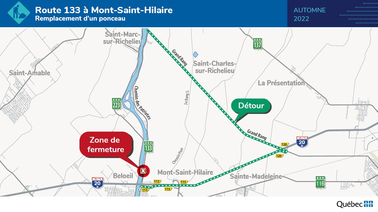 Carte des détours pour les travaux sur la route 133, à Mont-Saint-Hilaire - oct 2022