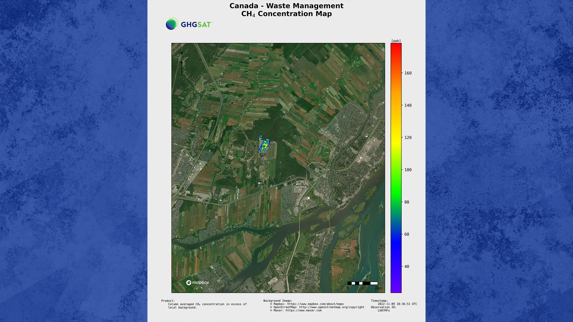 Un panache de méthane est visible au centre de cette image satellite, au-dessus d'une installation de gestion des déchets dans la banlieue montréalaise de Terrebonne, au Québec, dans une image du 9 novembre 2022.
