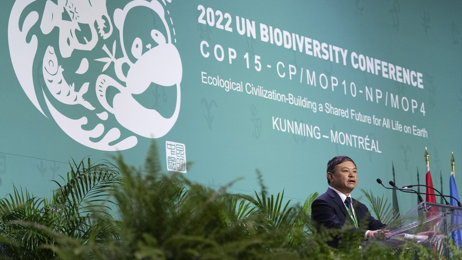 Huang Runqiu, ministre de l'Écologie et de l'Environnement de la Chine, prononce une allocution lors de la cérémonie d'ouverture de la conférence des Nations Unies COP15 sur la biodiversité à Montréal, le mardi 6 décembre 2022.
