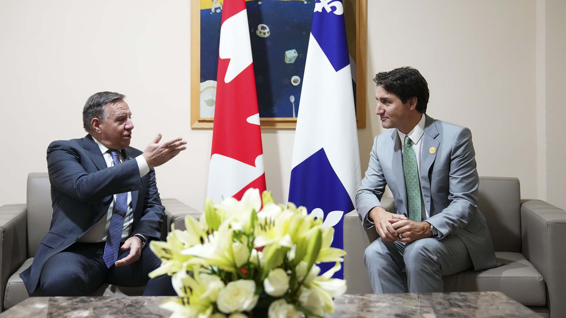 Le premier ministre Justin Trudeau participe à une rencontre bilatérale avec le premier ministre du Québec François Legault lors du Sommet de la Francophonie à Djerba, en Tunisie, le samedi 19 novembre 2022. 