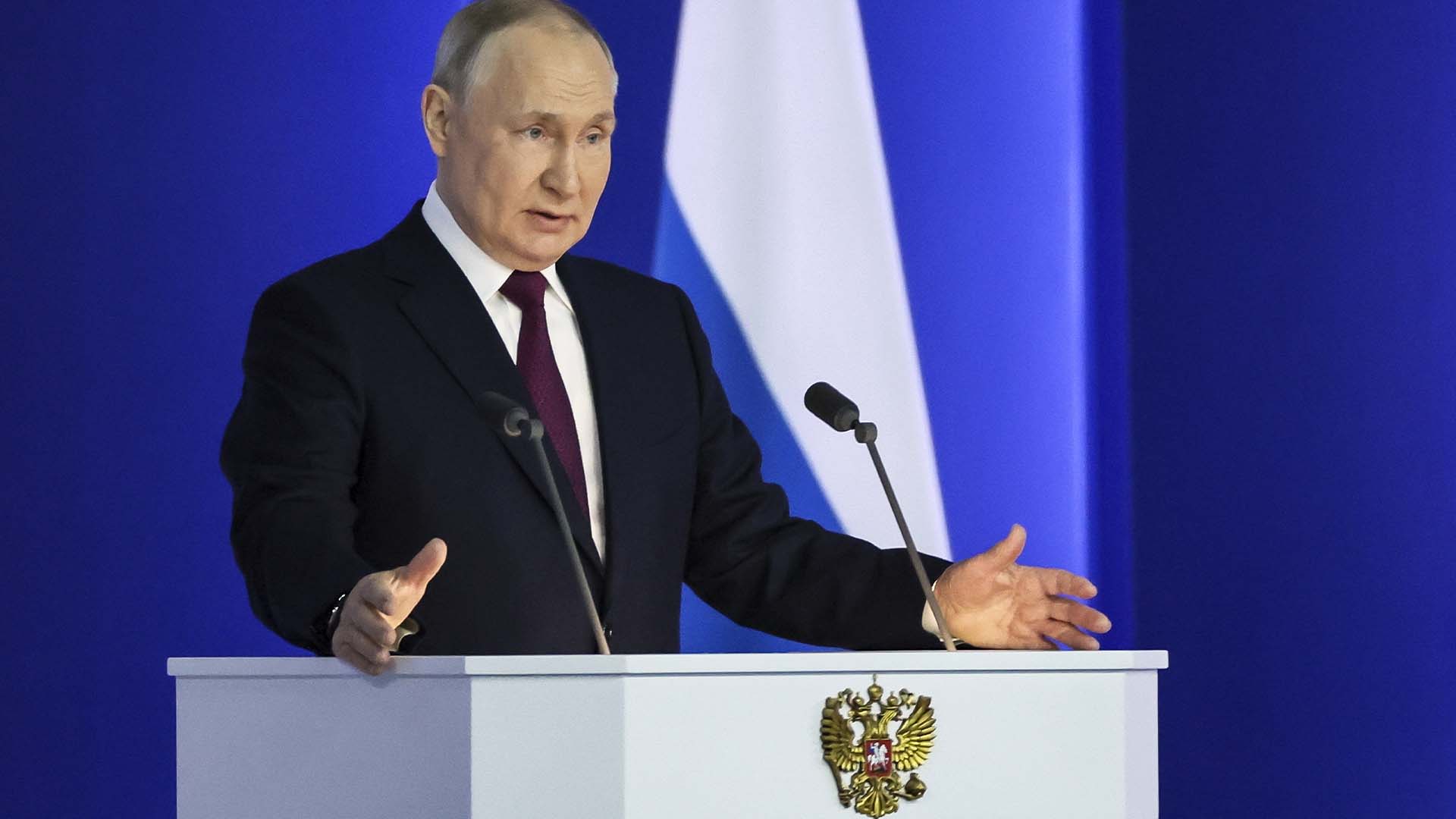 Le président russe Vladimir Poutine a prononcé son discours annuel sur l'état de la nation à Moscou, en Russie, le 21 février 2023. 