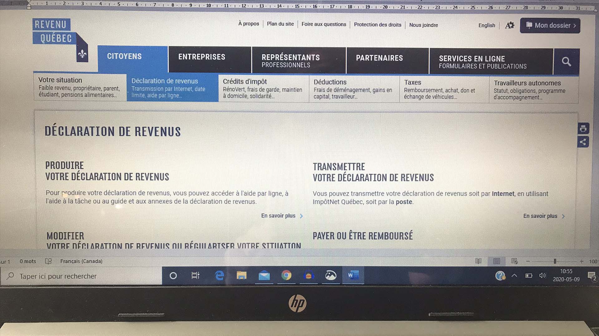 Le site de Revenu Québec est aperçu sur l’écran d’un ordinateur à Montréal le samedi 9 mai 2020.