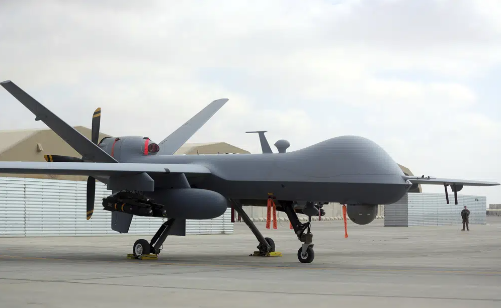 - Un drone américain MQ-9 est exposé lors d'un spectacle aérien à l'aérodrome de Kandahar, en Afghanistan, le mardi 23 janvier 2018. 