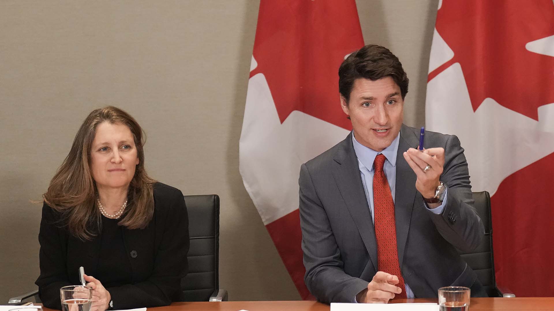  Chrystia Freeland et Justin Trudeau lors d'un conseil NAFTA à Toronto le 16 mars 2023.