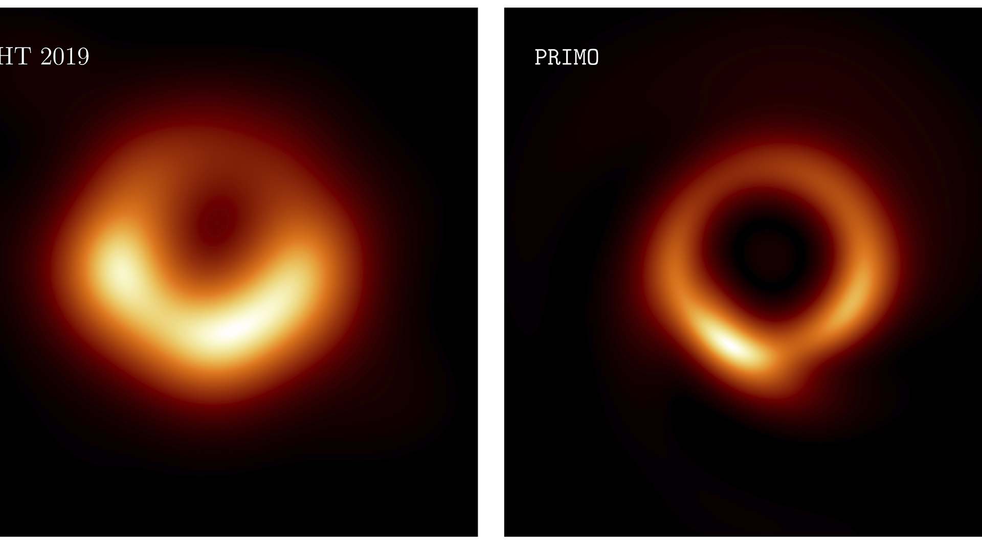 Cette combinaison d'images fournies par la chercheuse Lia Medeiros montre des images du trou noir M87 publiées en 2019, à gauche, et une mise à jour pour 2023. La nouvelle version, publiée le jeudi 13 avril 2023, dans l'Astrophysical Journal Letters — conserve la forme originale, mais avec une résolution plus nette.