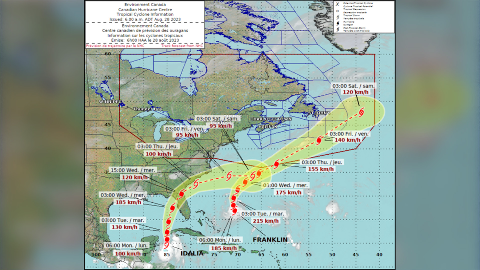 La carte de trajectoire des ouragans du Centre canadien des ouragans pour la matinée du 28 août 2023.