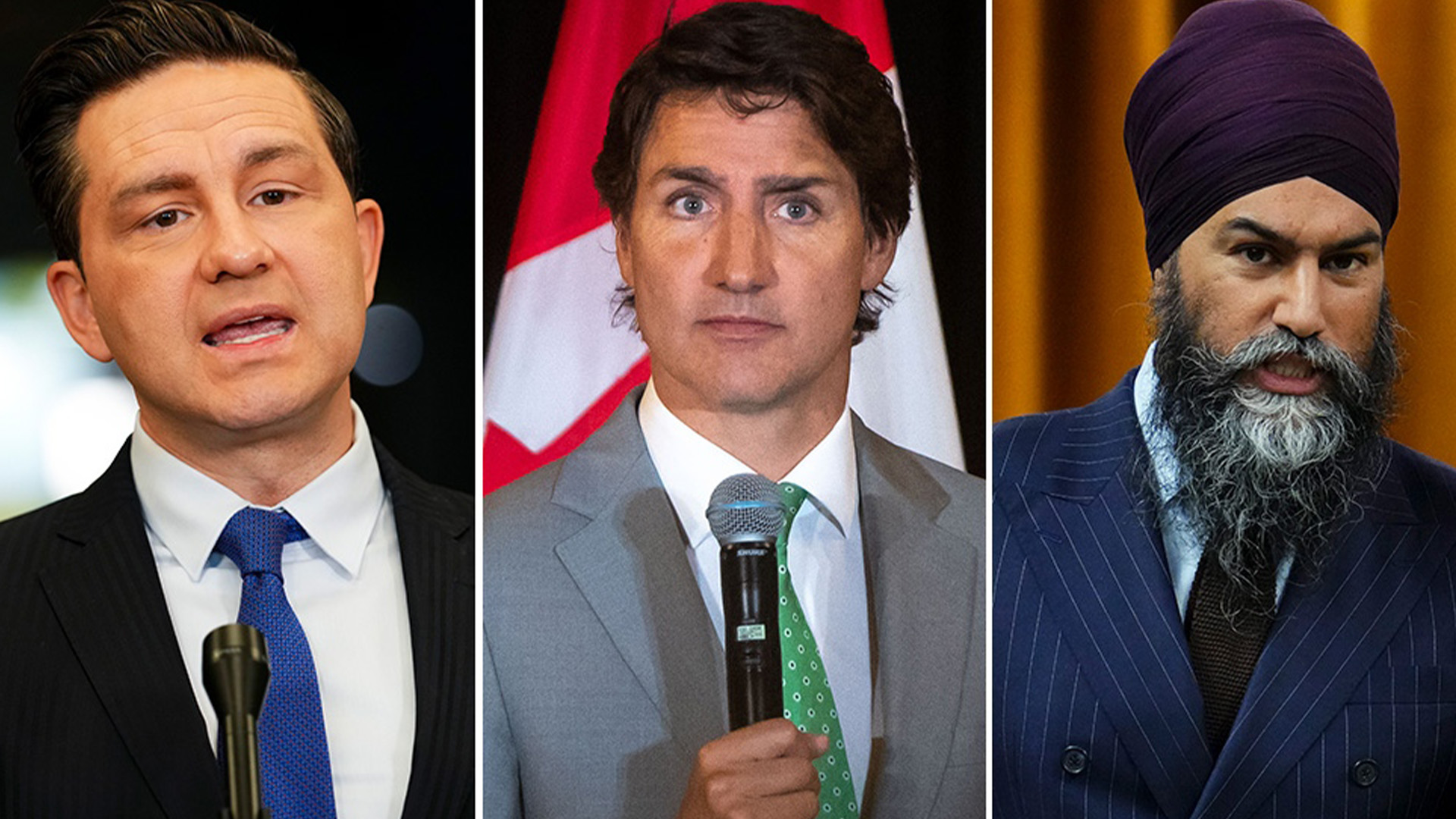 Photo composite, de gauche à droite : le chef conservateur Pierre Poilievre, le premier ministre Justin Trudeau et le chef du NPD, Jagmeet Singh.