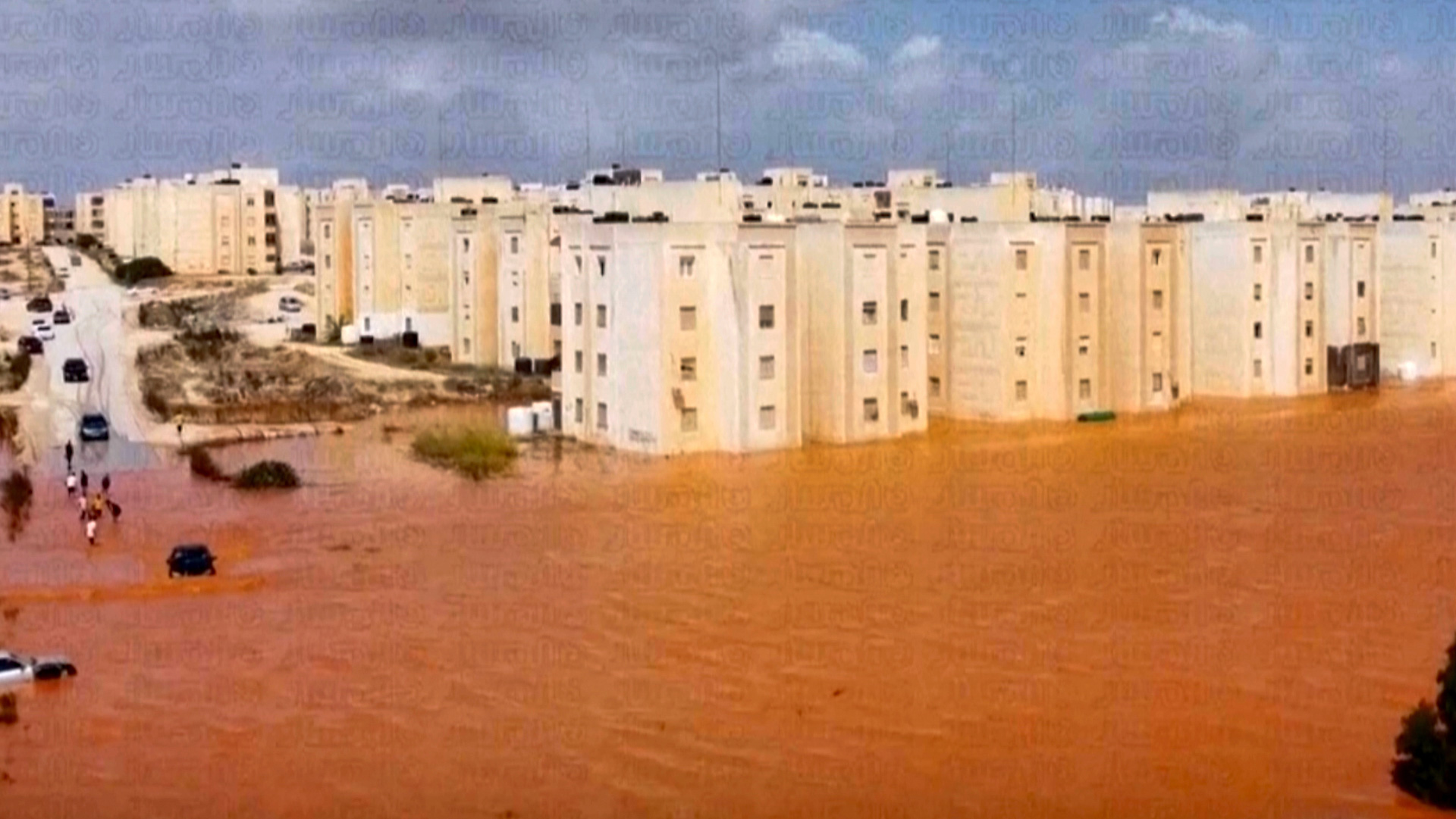 Streets a flooded after storm Danial in Marj, Libya, Monday, Sept. 11, 2023. The head of one of Libya’s rival governments says that 2,000 people are feared dead in flooding that swept through the eastern parts of the north African nation. (Libya Almasar TV via AP)