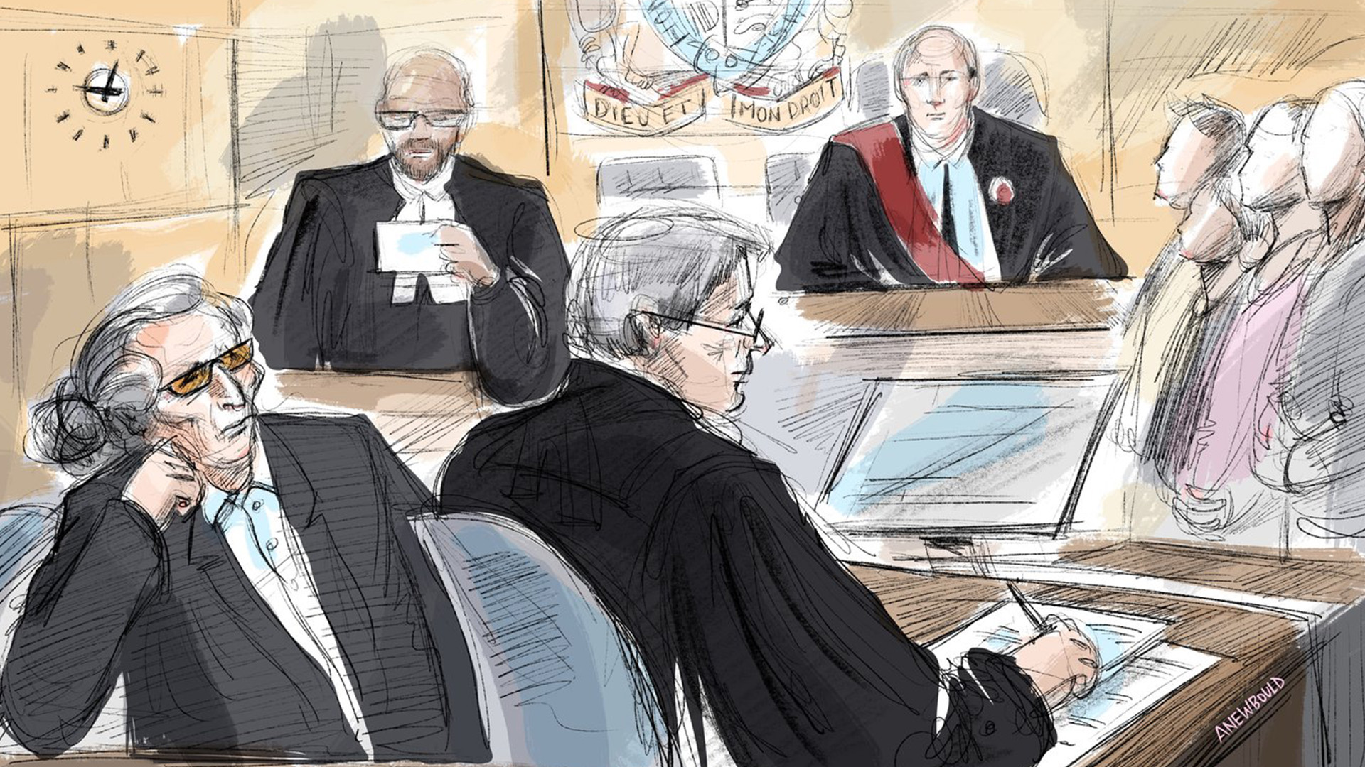 L'ancien magnat canadien de la mode Peter Nygard, le greffier du tribunal, l'avocat de Nygard Brian Greenspan, le juge Robert Goldstein et les jurés sont vus dans une illustration du tribunal réalisée à Toronto, le jeudi 21 septembre 2023.