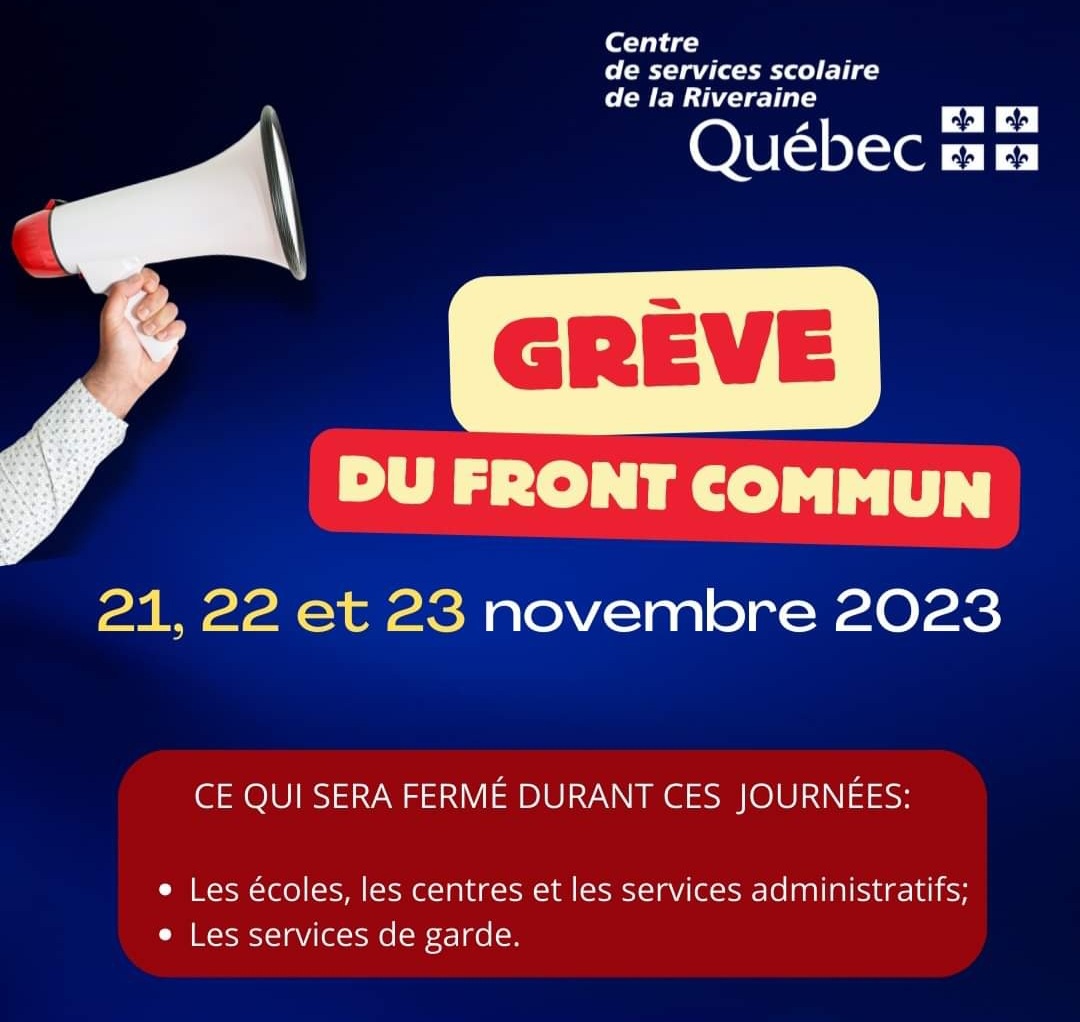 Publication concernant la grève du Front commun les 21, 22 et 23 novembre 2023.