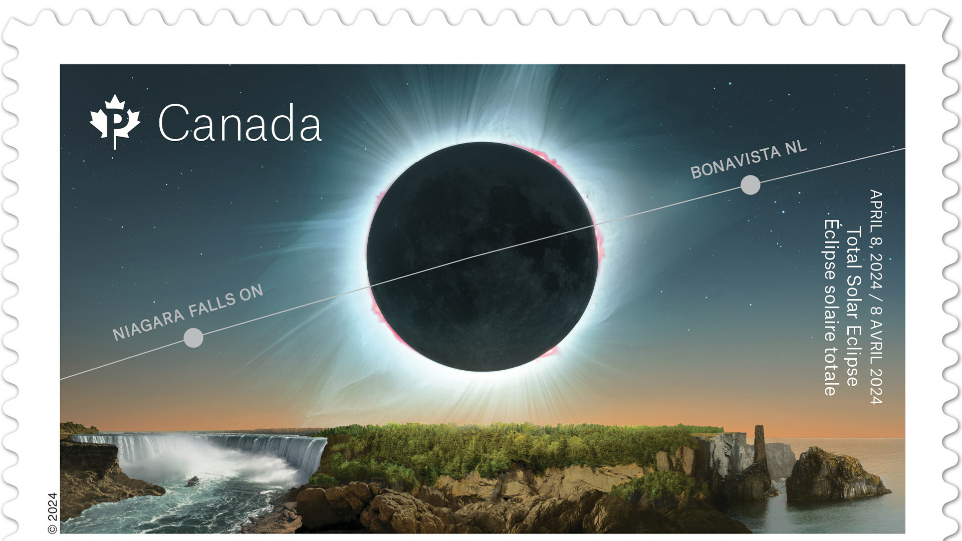 Un nuovo francobollo indica un'eclissi solare totale nel 2024