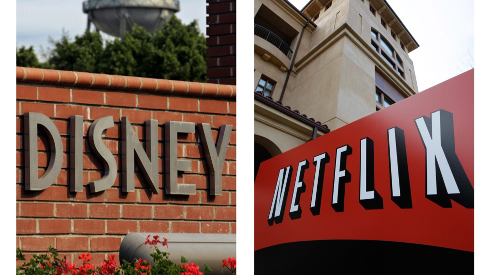 Le logo de Walt Disney à Burbank (Californie) le 2 juin 2006 et le siège de Netflix à Los Gatos (Californie) le 20 mars 2012. 