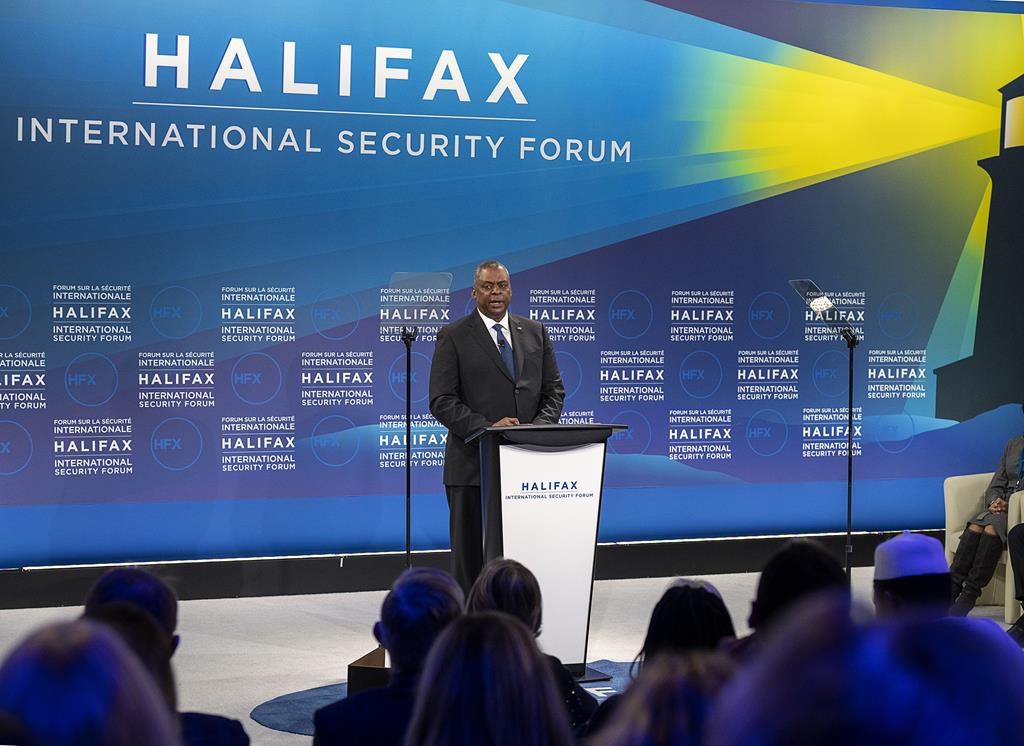 U.S. Secretary of Defense Lloyd J. Austin III delivers remarks at the Halifax International Security Forum in Halifax on Saturday, Nov.19, 2022. Austin told the Forum today that Russian President Vladimir Putin’s “war of choice” in Ukraine is a threat to the rules-based international order that was established following the Second World War. THE CANADIAN PRESS/Andrew Vaughan