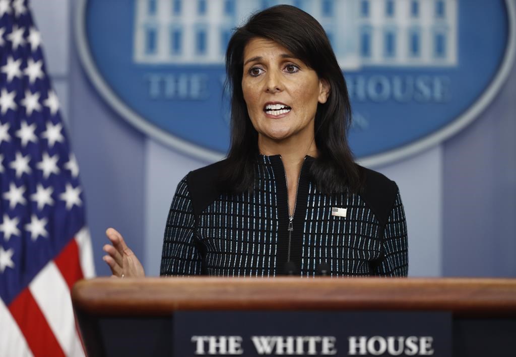 FILE - U.S. Ambassador to the United Nations Nikki Haley speaks during a news briefing at the White House, in Washington, Sept. 15, 2017. Few have navigated the turbulent politics of the Trump era like Haley. She once vowed not to step in the way if former President Donald Trump ran for the Republican presidential nomination in 2024. But on Wednesday, she is poised to become the first major Republican candidate to enter the race against him. (AP Photo/Carolyn Kaster, File)
