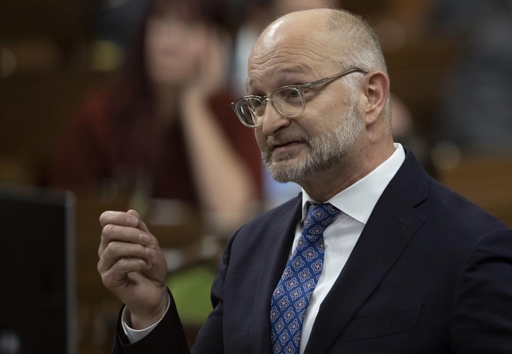 Canada's Justice Minister David Lametti is accusing Pierre Poilievre's Conservatives of using tragedies like the slaying of a young Ontario Provincial Police officer "to try to score political points." Lametti rises during Question Period, Tuesday, January 31, 2023 in Ottawa. THE CANADIAN PRESS/Adrian Wyld