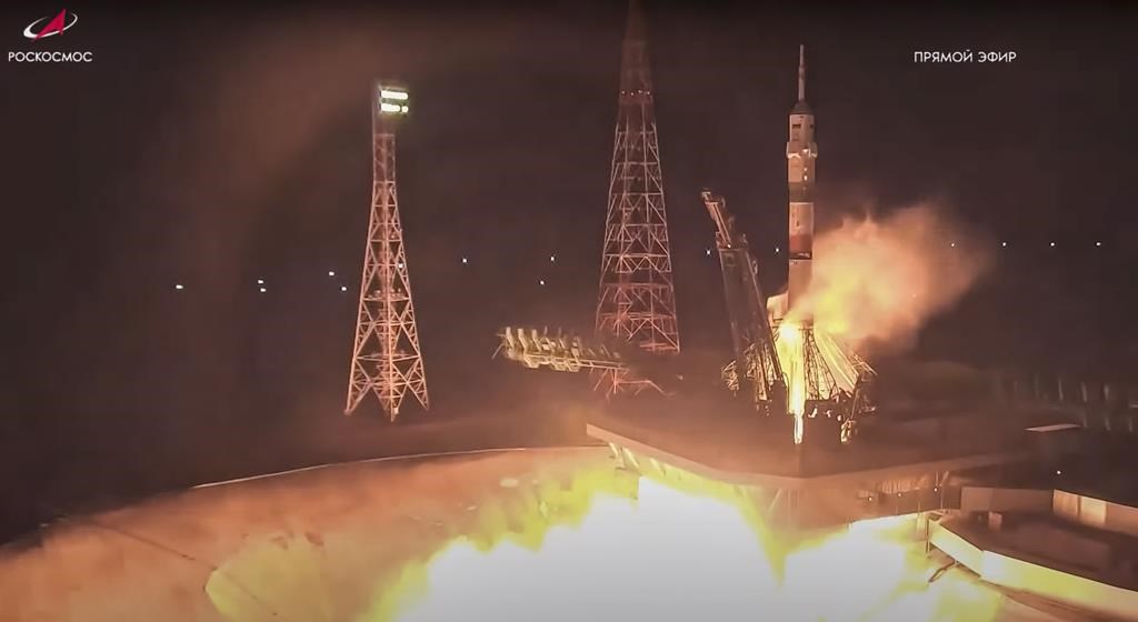 In this handout photo taken from video released by Roscosmos State Space Corporation, the new, empty Soyuz MS-23 capsule blasts off at the Russian leased Baikonur cosmodrome in Baikonur, Kazakhstan, on Friday, Feb. 24, 2023. Russia has launched a rescue ship for two cosmonauts and a NASA astronaut whose original ride sprang a dangerous leak at the International Space Station. (Roscosmos State Space Corporation via AP)