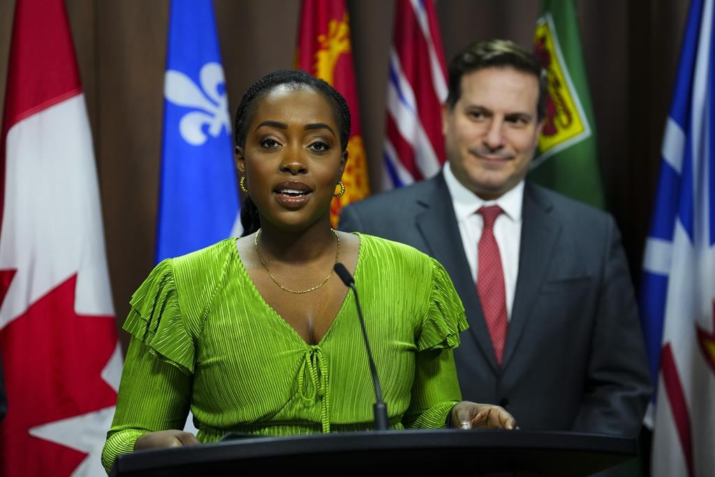 Arielle Kayabaga, Member of Parliament for London West and Minister of Public Safety Marco Mendicino make an announcement in Ottawa on Tuesday, March 21, 2023. THE CANADIAN PRESS/Sean Kilpatrick