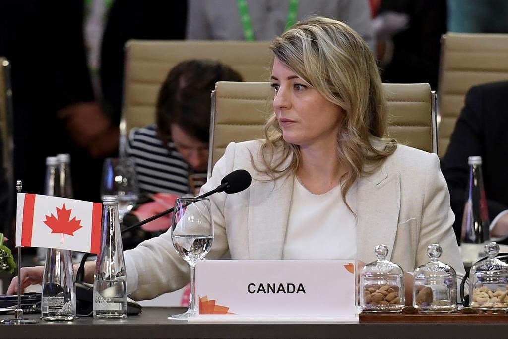 Canada's Foreign Minister Melanie Joly attends the G20 foreign ministers' meeting in New Delhi Thursday, March 2, 2023. Joly and her Chinese counterpart have had a testy exchange over Joly raising concerns that Beijing's envoys may be interfering in domestic matters. THE CANADIAN PRESS/Olivier Douliery-Pool Photo via AP
