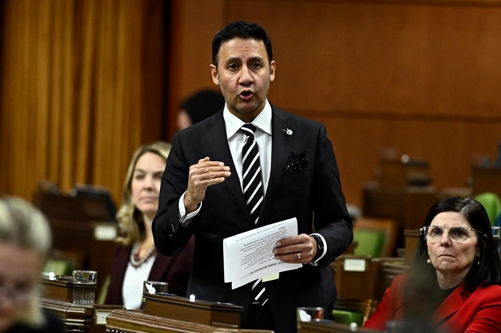 Minister of Justice and Attorney General of Canada Arif Virani rises during Question Period in the House of Commons on Parliament Hill in Ottawa on Thursday, Feb. 29, 2024. Virani says allowing a judge to to restrict an individual's movement based on fears of potentially committing a hate crime would only happen after a series of steps. THE CANADIAN PRESS/Justin Tang