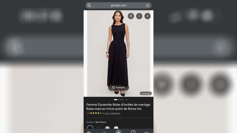 En magasinant avec Google, avec l’option «shopping», il est possible d’utiliser l’outil d’essayage virtuel de Google en cliquant sur «essayer». Une robe affichée sur le site Dynamite est vue dans une recherche Google, avril 2026.