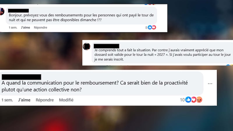 Des cyclistes inscrits au Tour la Nuit 2026 critiquent l'annulation de l'événement et le manque de clarté en lien avec un possible dédommagement. Capture d'écran de message laissé sous une publication de Vélo Québec concernant l'annulation du Tour la Nuit 2026.