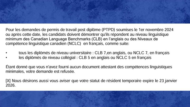 Extrait de la lettre de refus de l'IRCC adressée à Cindy Larose et datée du 23 janvier 2026.