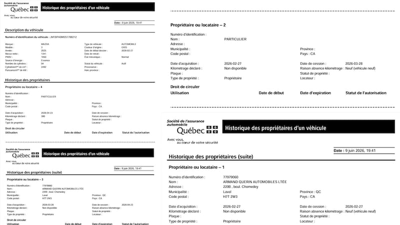 Les recherches d'Alex Kisa démontrent que la Mazda3 2025 qu'il a achetée et qu'il croyait neuve a été immatriculée par un autre particulier avant son achat. L'image représente un montage du dossier de la Société de l’assurance automobile du Québec (SAAQ) demandé par M. Kisa en date du 9 juin 2026.