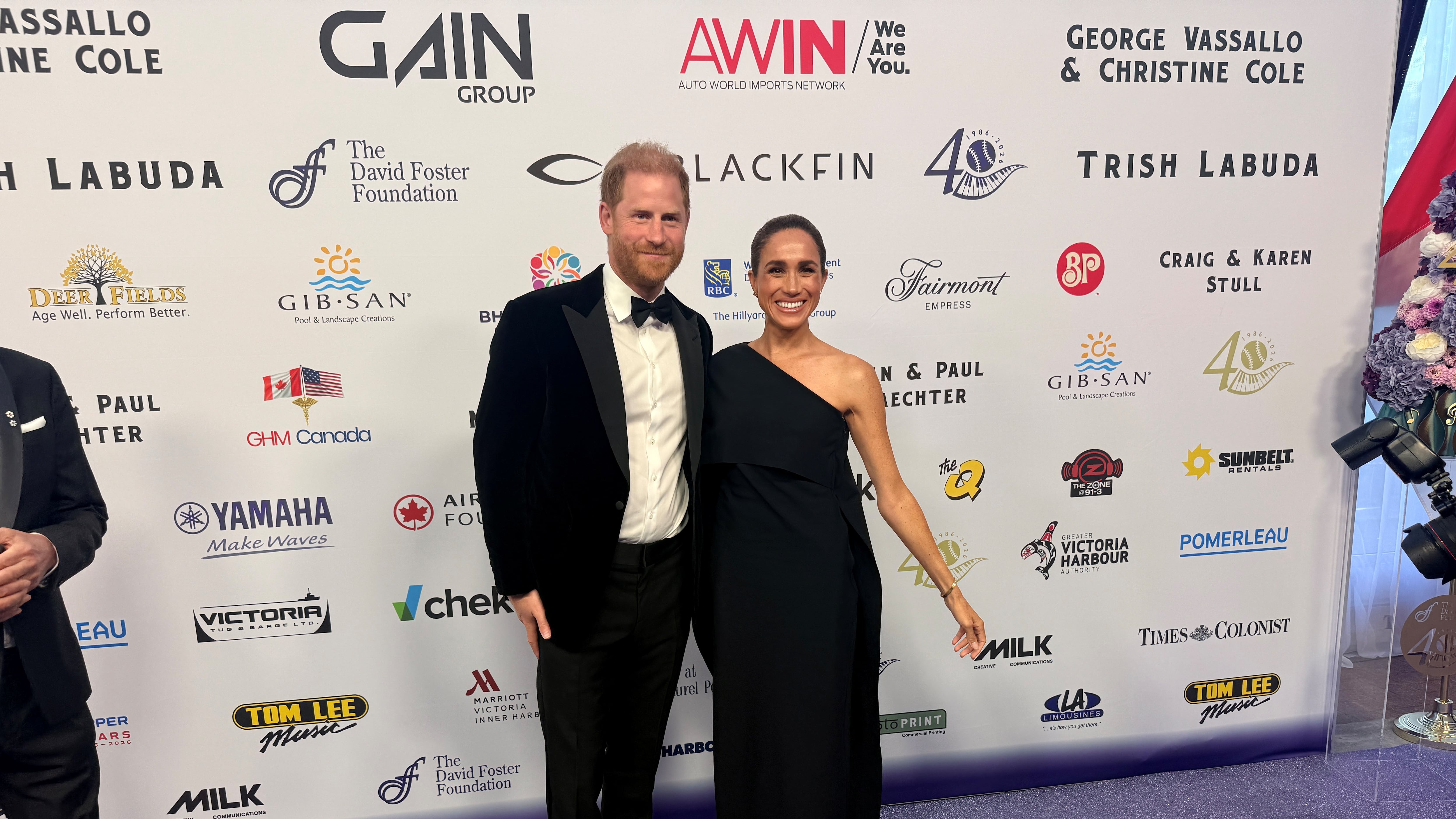 Prince Harry and Meghan Markle attend the David Foster Foundation’s 40th anniversary gala in Victoria on Friday, Aug. 7, 2026. (Megan Yamoah)