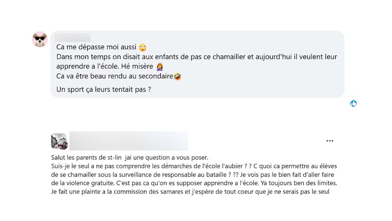 L'implantation d'une zone de «chamaillage» à l'école l'Aubier à St-Lin-Laurentides a suscité des réactions notamment via la page Spotted St-Lin-Laurentides sur Facebook, mai 2026. Capture d'écran de certains messages.