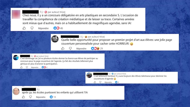 Des gens, dont plusieurs parents, sont mécontents de l'utilisation de l'IA pour la création de la page de couverture de certains agendas scolaires pour la rentrée 2026-2027. Des commentaires ont été récoltés sur la page Facebook « Spotted: Dénonce ton système d'éducation » le jeudi 3 septembre 2026.