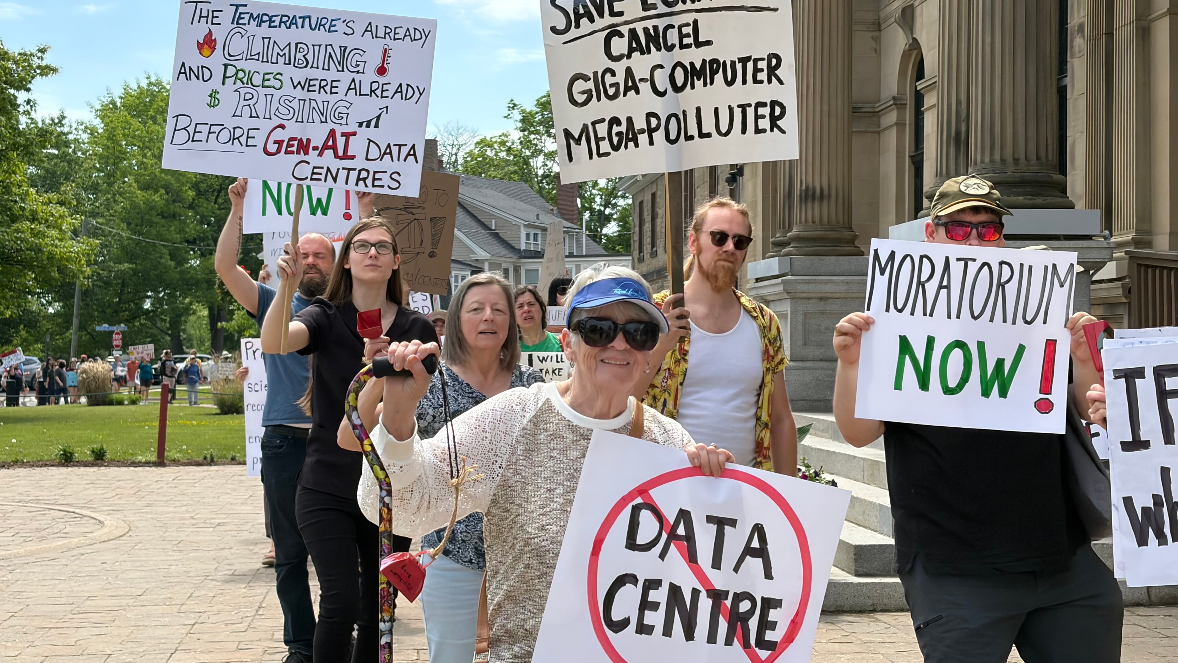 A group of people are pictured outside on a sunny day, hoisting signs against the proposed data centre.
