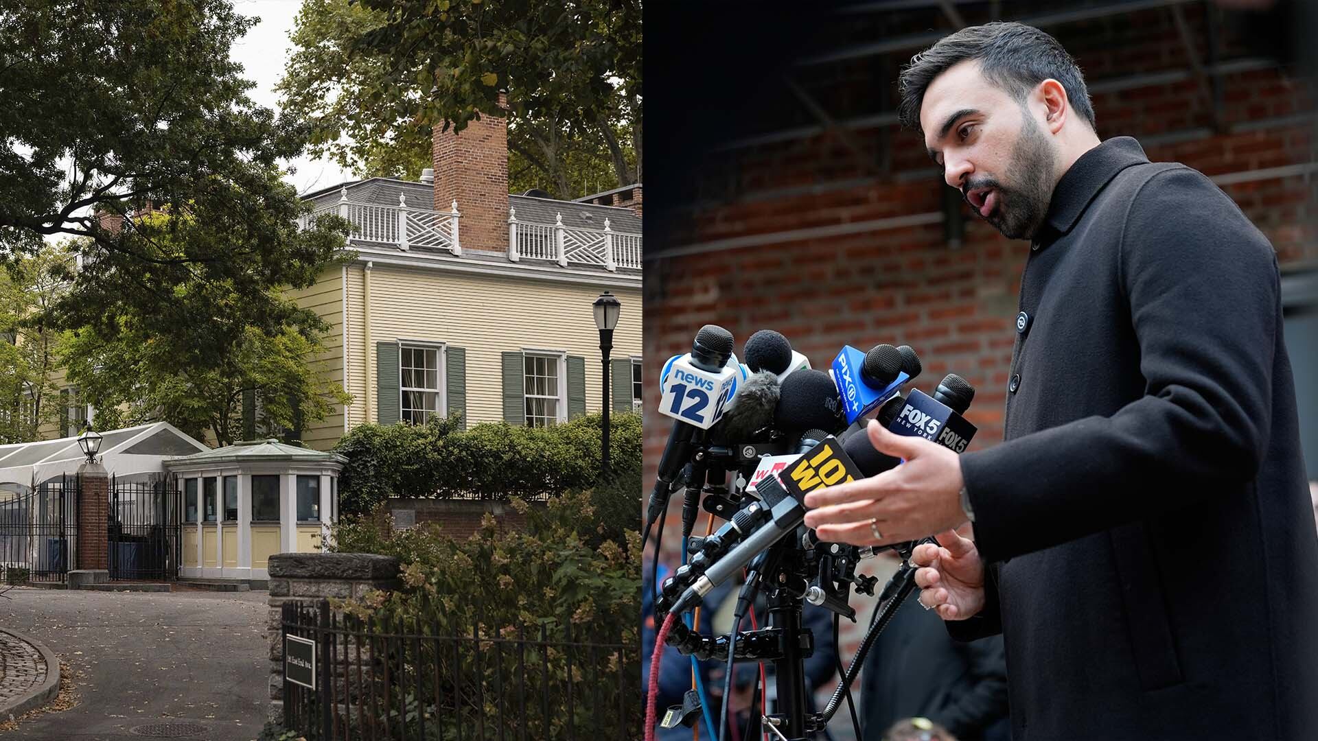 À gauche, Gracie Mansion, la résidence du maire de New York. À droite, le maire élu de New York, Zohran Mamdani, s'adresse aux journalistes lors d'une conférence de presse à New York, le lundi 17 novembre 2025.