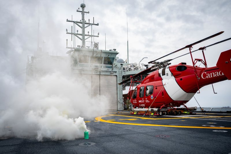 A Canadian Coast Guard helicopter on the flight deck of HMCS Robert Hampton Gray on Aug.17, 2026. (Cpl. Mitchell Paquette, Canadian Armed Forces)
