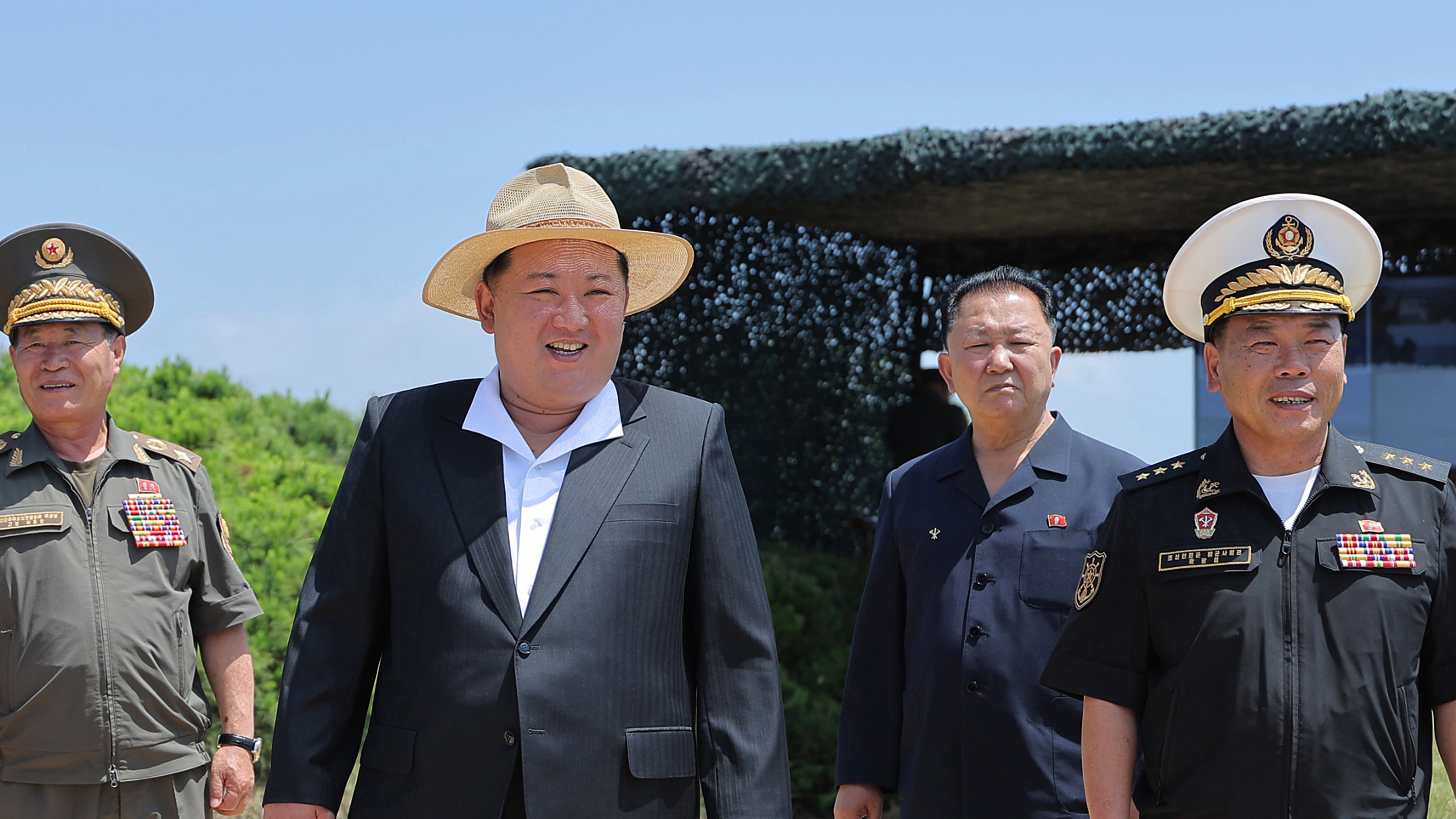 In this photo provided by the North Korean government, its leader Kim Jong Un, second left, supervises tests of a destroyer, the Kang Kon’s main gun and automatic cannons, at an undisclosed place in North Korea on July 3, 2026. (Korean Central News Agency / Korea News Service via AP)