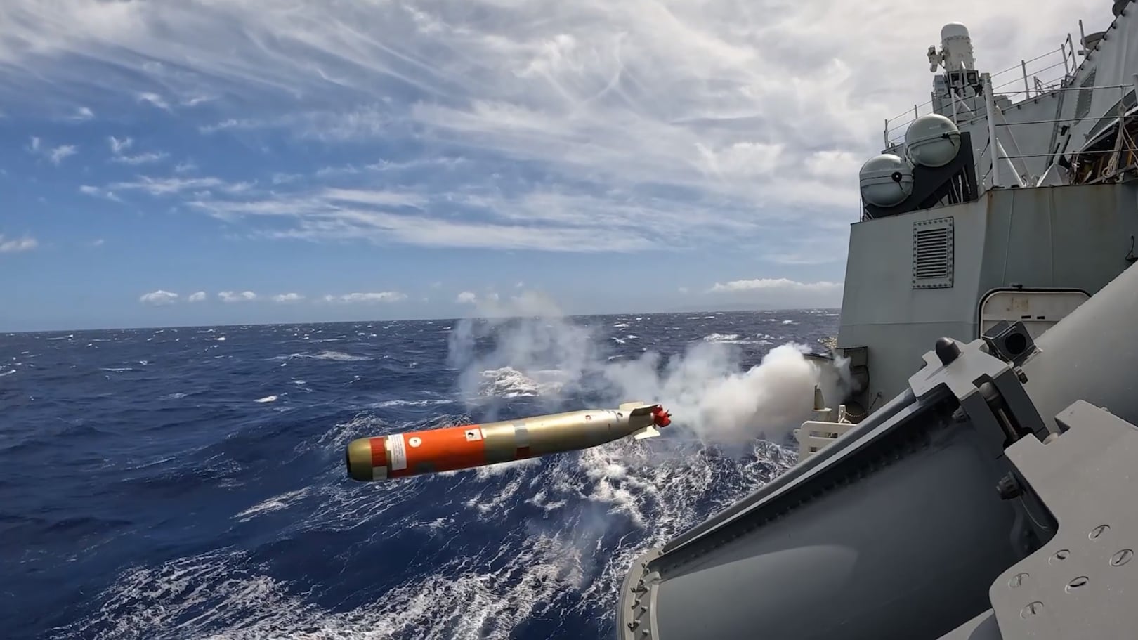 HMCS Ottawa fires a Mark 46 torpedo on July 7, 2026, near Hawaii. (U.S. Department of War)