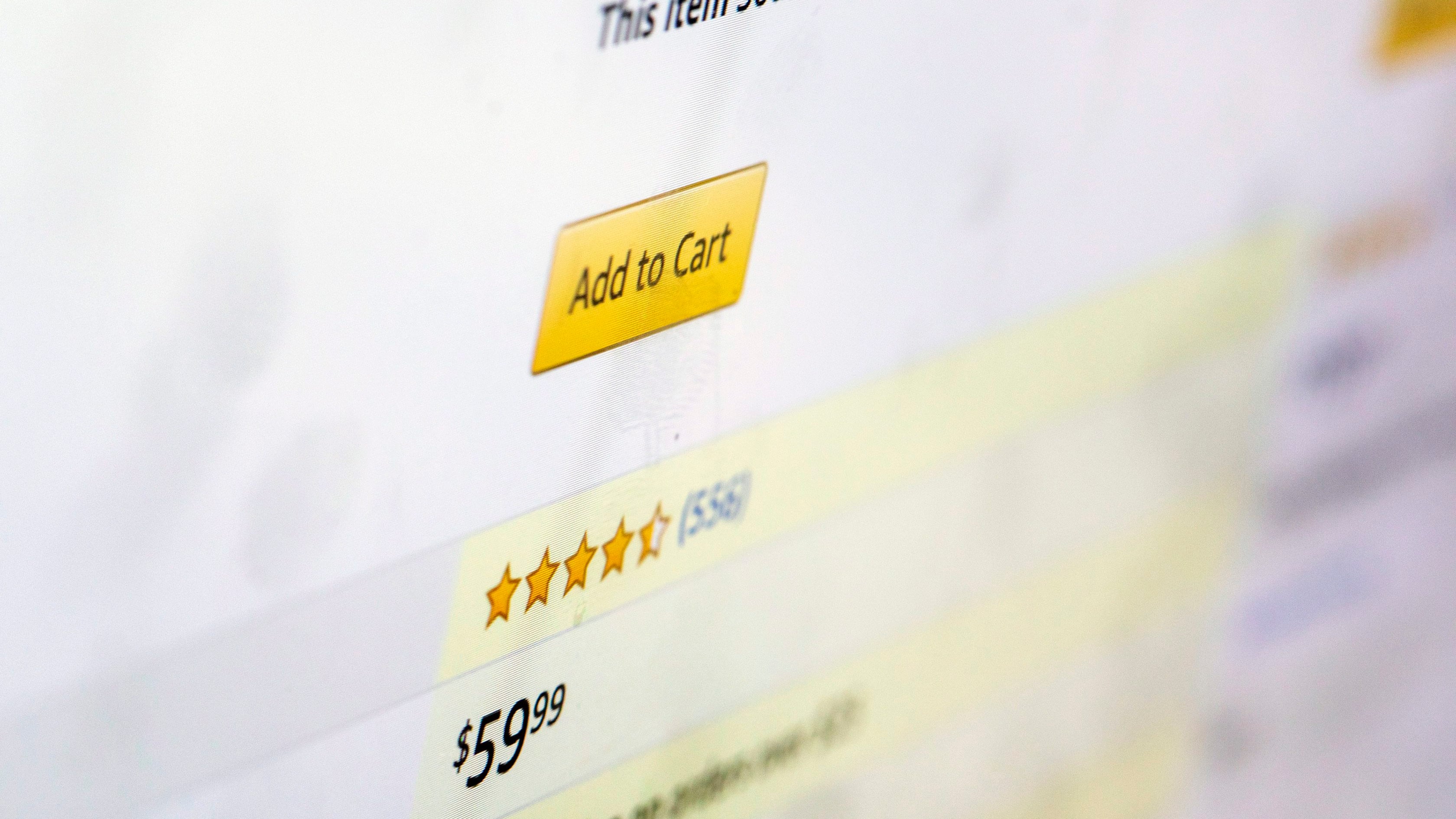 A customer rating for a product for sale on Amazon.com is displayed on a computer screen on Monday, Dec. 16, 2019, in New York. (AP Photo/Jenny Kane)