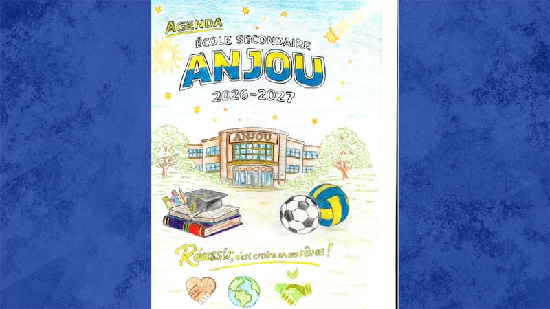 Voici le dessin qui a remporté le concours pour illustrer l'agenda 2026-2027 de l'école secondaire Anjou. L'illustration a été réalisée à la main, au crayon, et un traitement graphique a ensuite été appliqué par l’élève, conformément aux recommandations techniques de l’imprimeur.